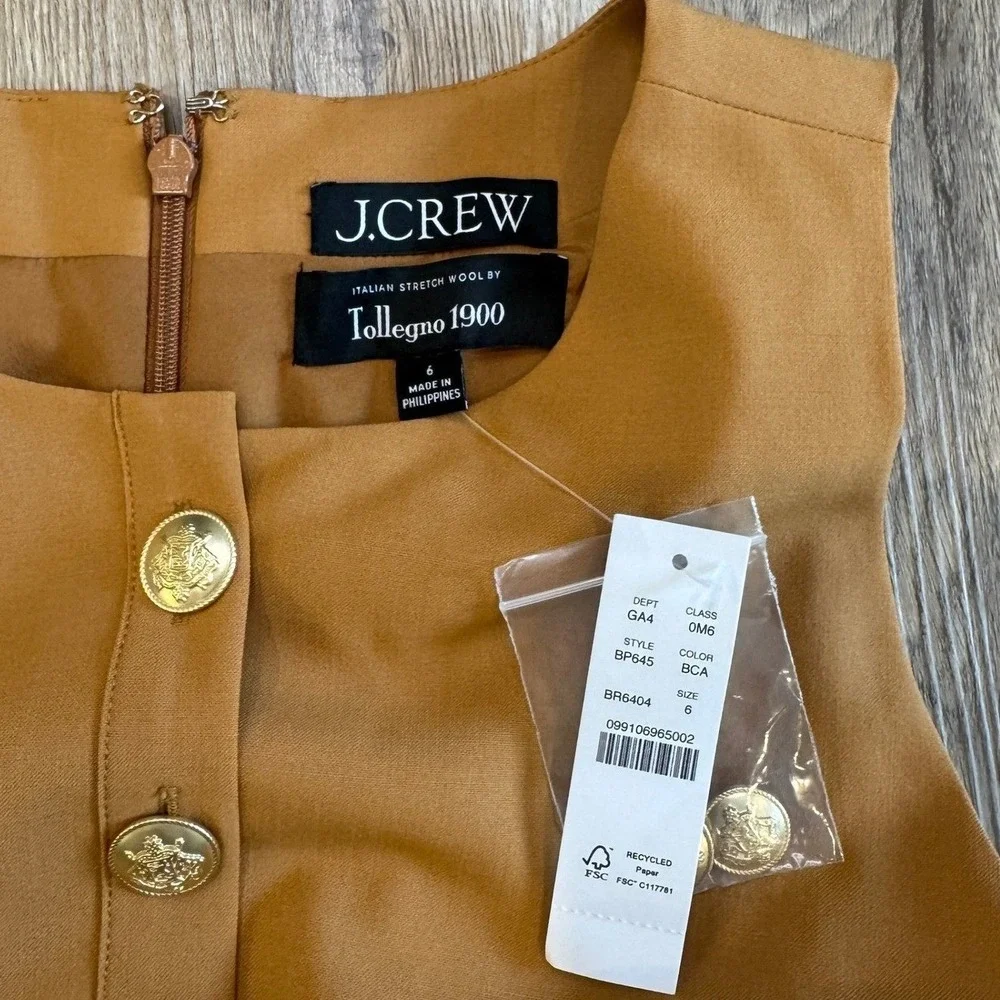 J.Crew Italian Stretch Wool Tollegno 1900 Pleated Mini Dress Camel Size 6 NWT